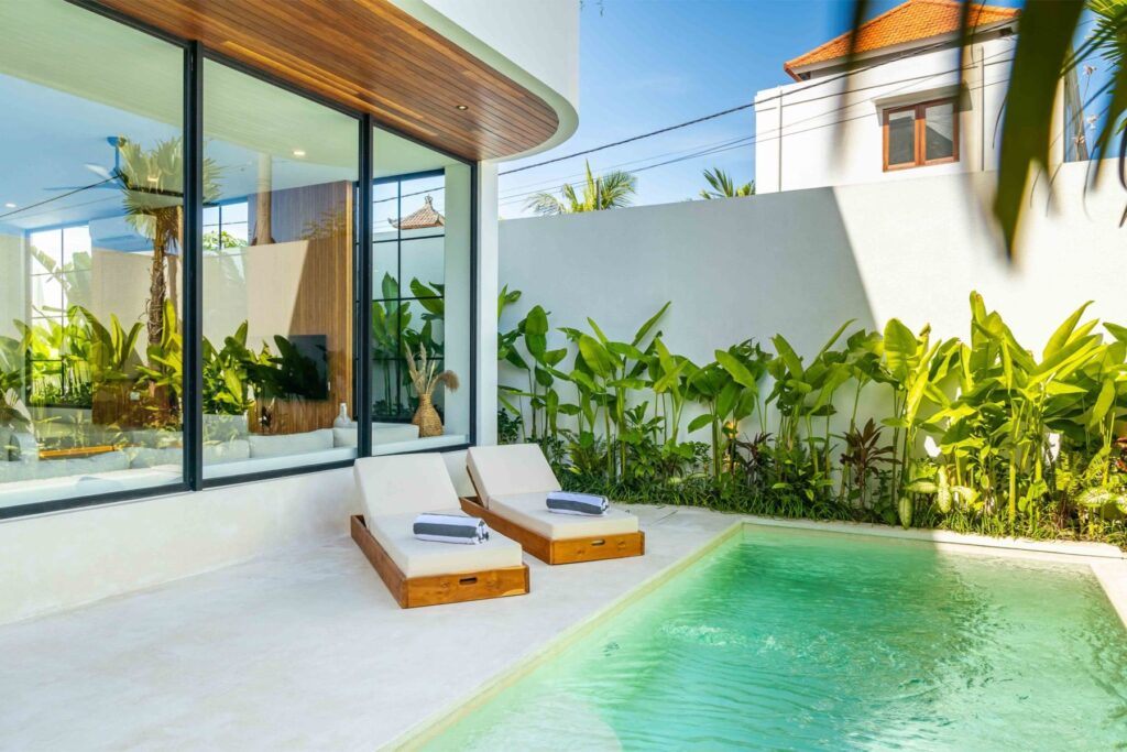 Private pool and sun loungers at Casa di Cemagi Villa Uno, Bali